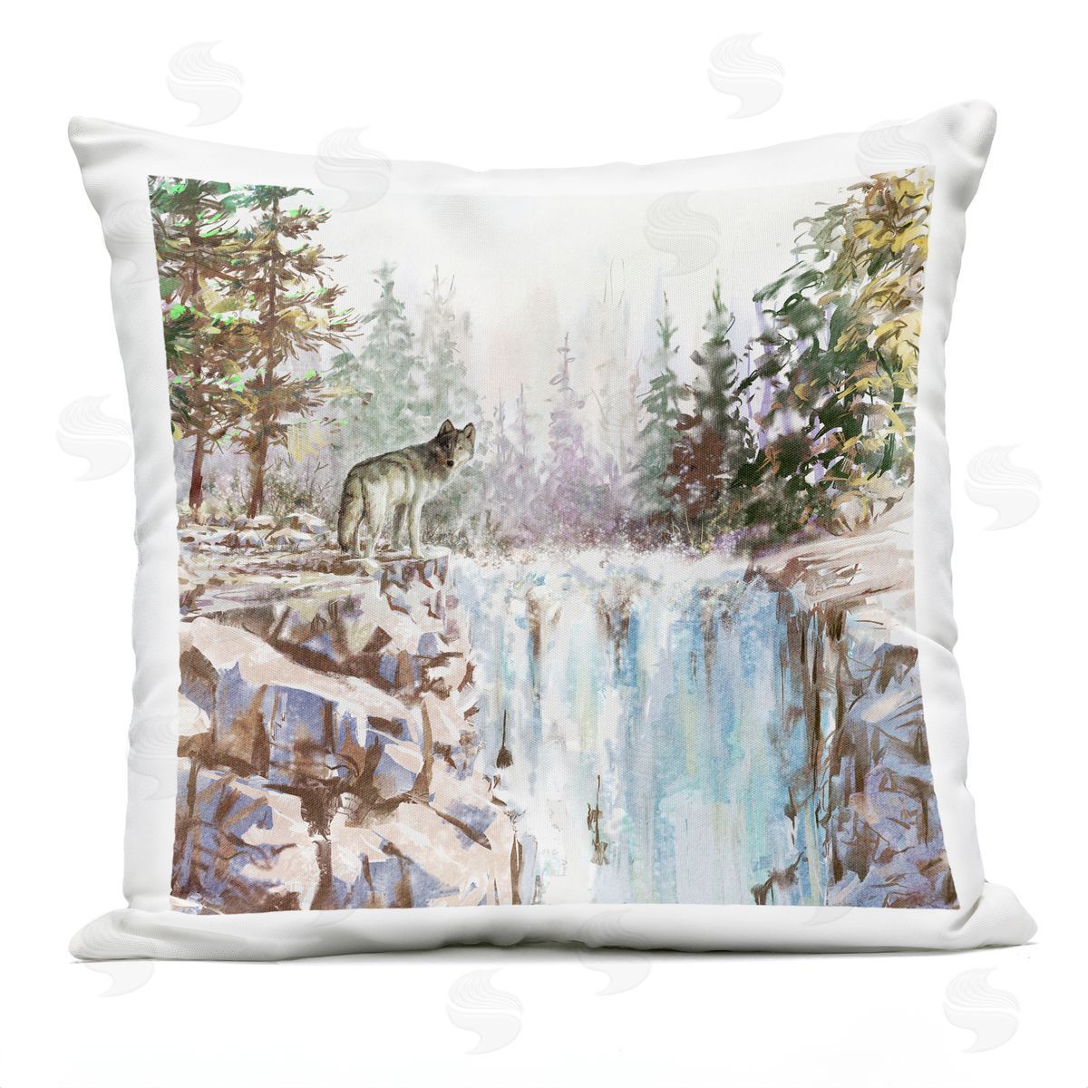 Waterfall Wilderness Woodland Wolf Outdoor Printed Pillow, Home Decor by Pip Wilson