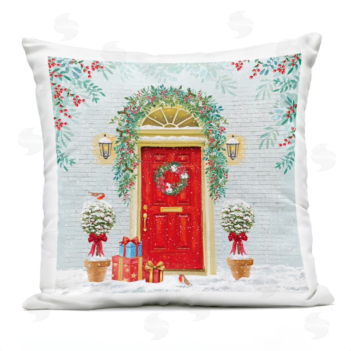 Holiday Doorway Snowy Gifts Outdoor Printed Pillow, Home Decor by Jane Sunner