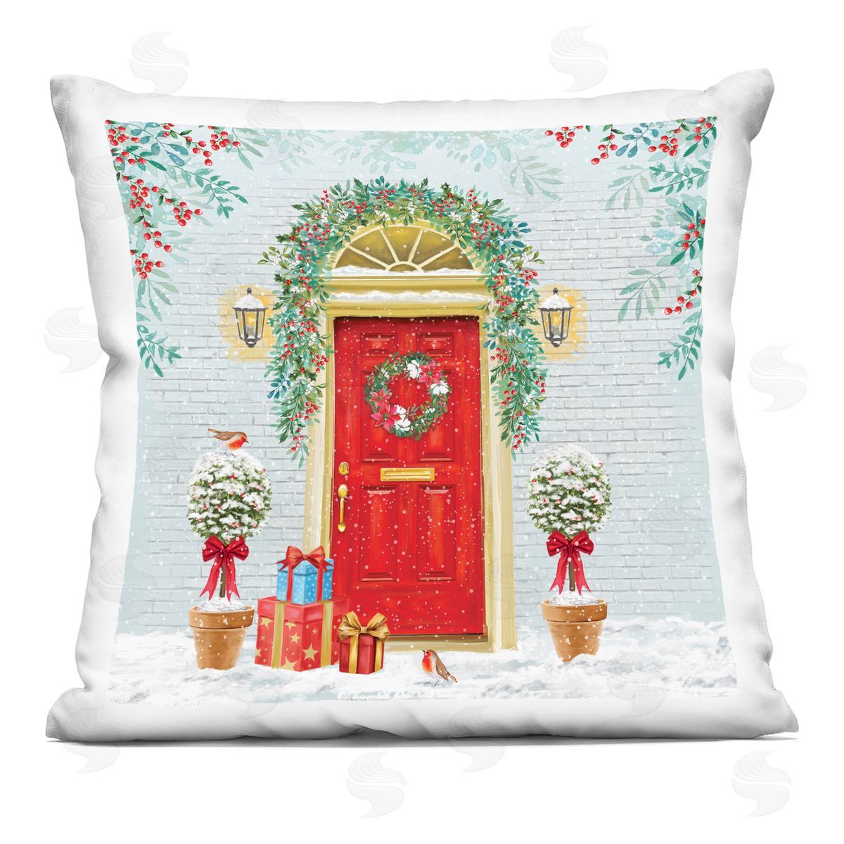 Holiday Doorway Snowy Gifts Decorative Printed Pillow, Home Decor by Jane Sunner