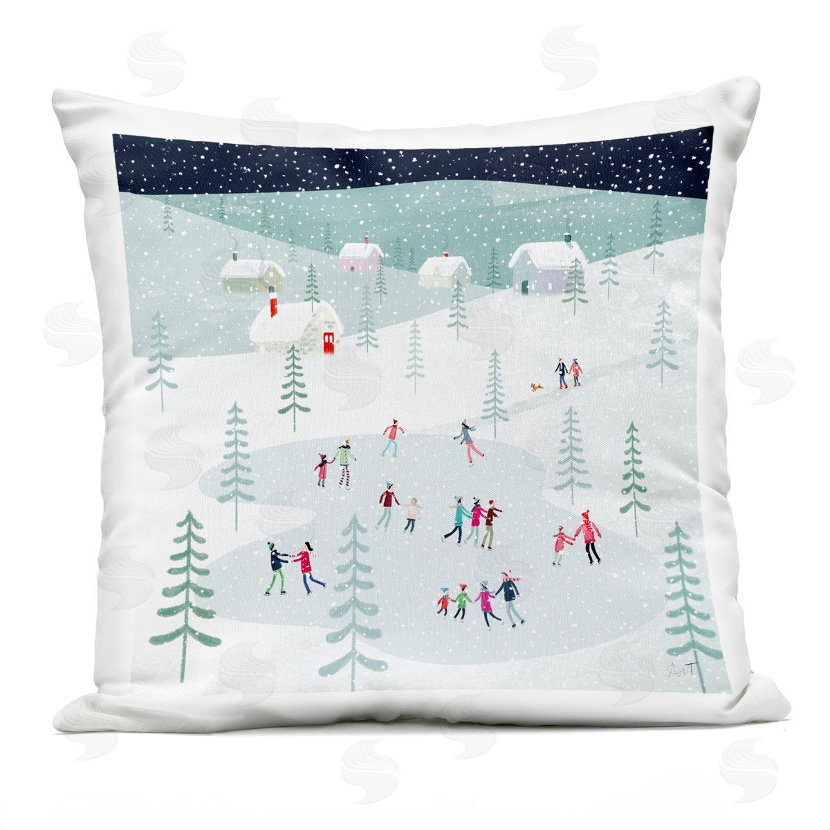 Winter Ice Skating Snowy Scene Outdoor Printed Pillow, Home Decor by Andrew Thornton