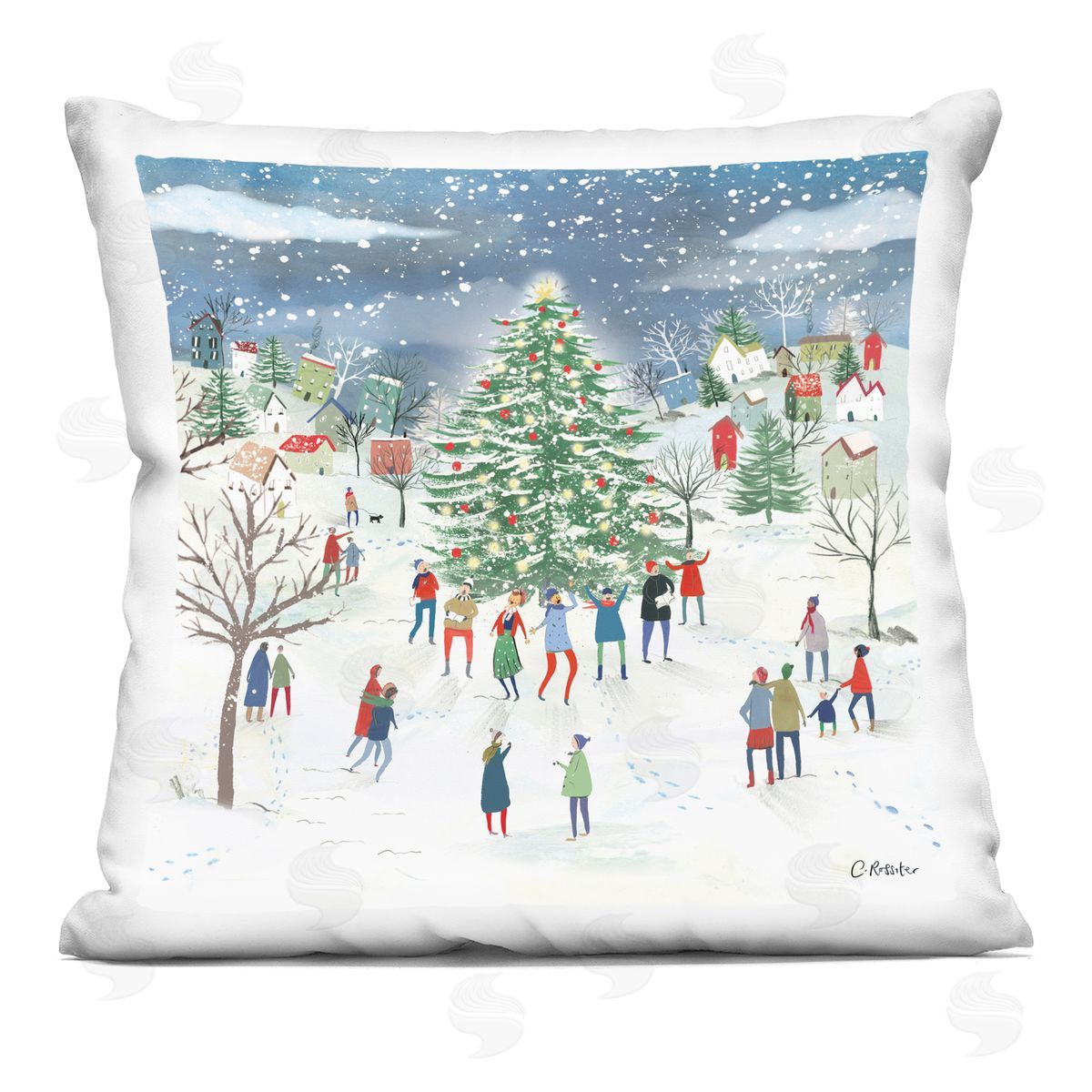 Festive Town Holiday Snow Scene Decorative Printed Pillow, Home Decor by Clair Rossiter