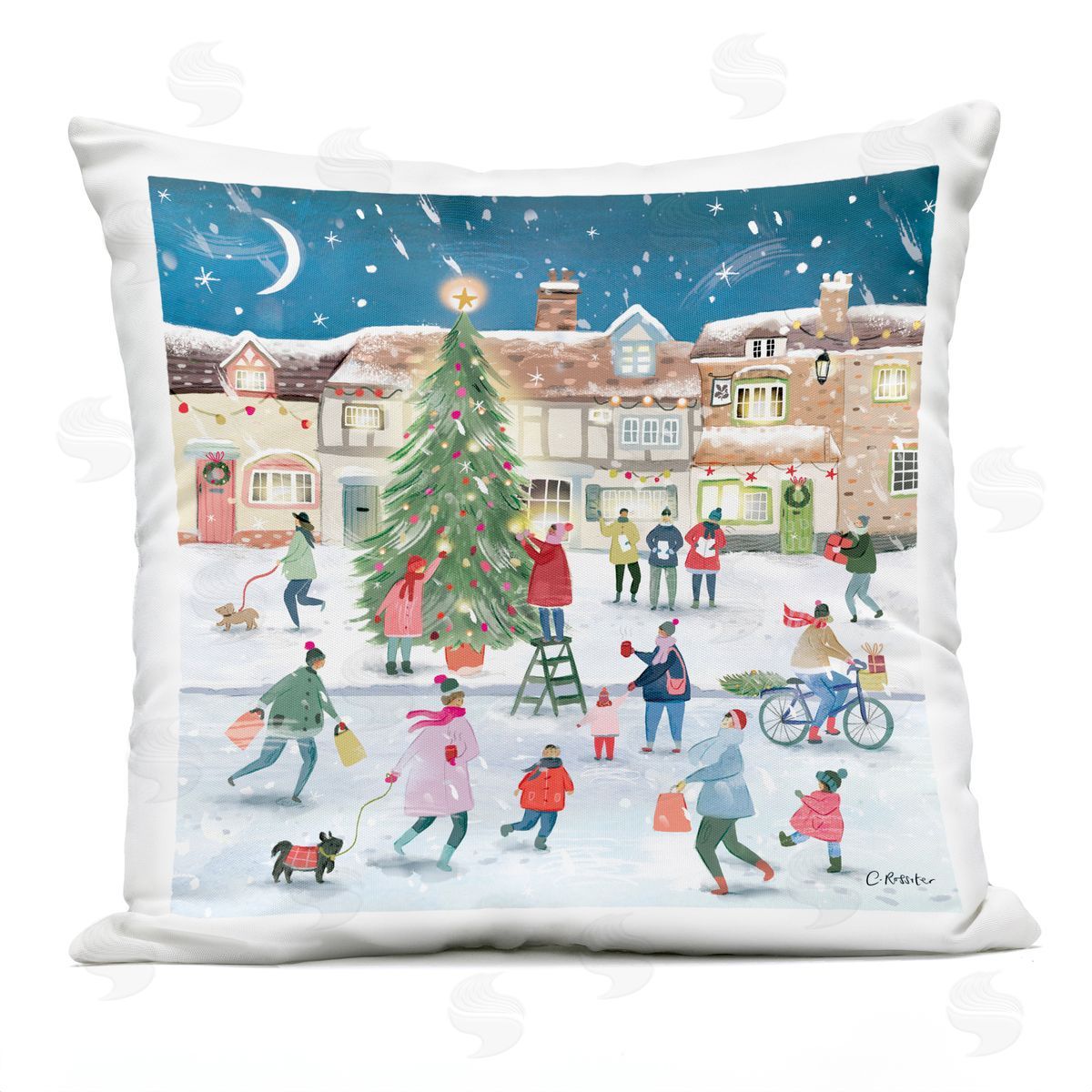 Festive Winter Town Christmas Tree Outdoor Printed Pillow, Home Decor by Clair Rossiter