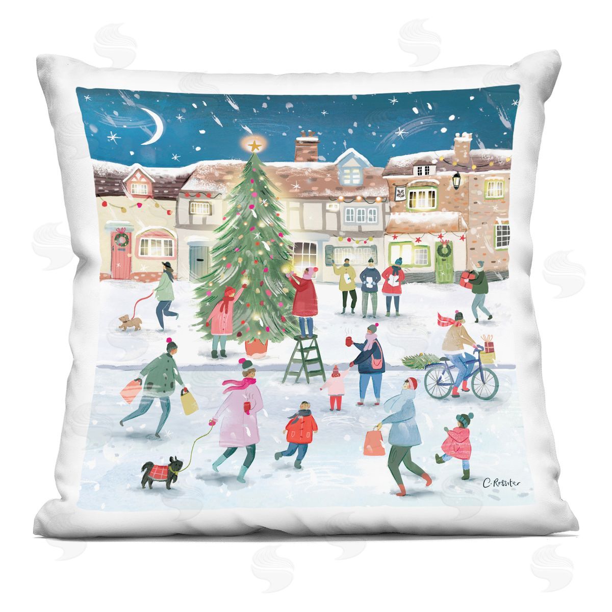 Festive Winter Town Christmas Tree Decorative Printed Pillow, Home Decor by Clair Rossiter