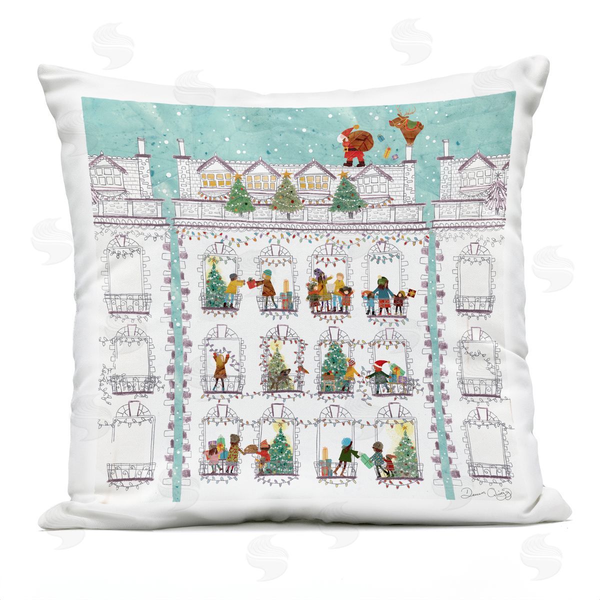Rooftop Santa Claus Urban Town Outdoor Printed Pillow, Home Decor by Dawn Quigg