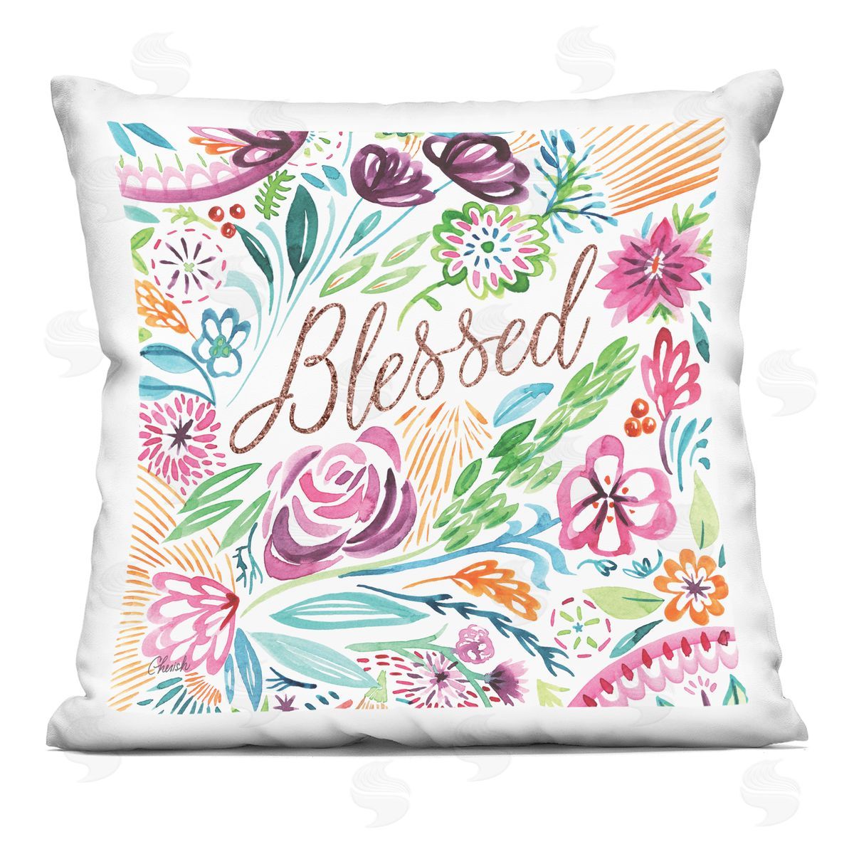Blessed Whimsical Flower Shapes Decorative Printed Pillow, Home Decor by Cherish Flieder