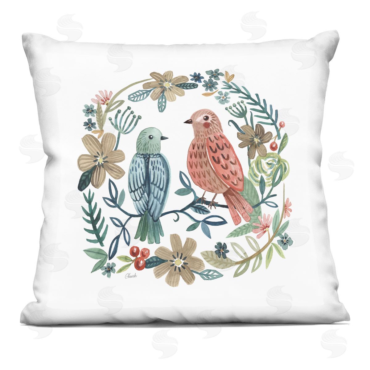 Wildlife Birds Botanical Wreath Decorative Printed Pillow, Home Decor by Cherish Flieder