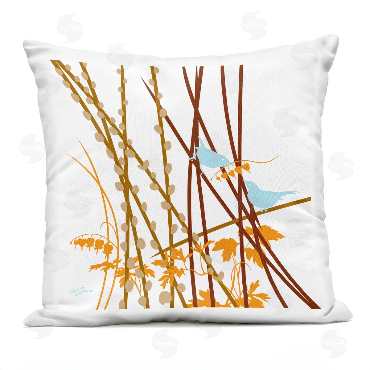 Contemporary Birds Pussy Willows Outdoor Printed Pillow, Home Decor by Evelia Designs
