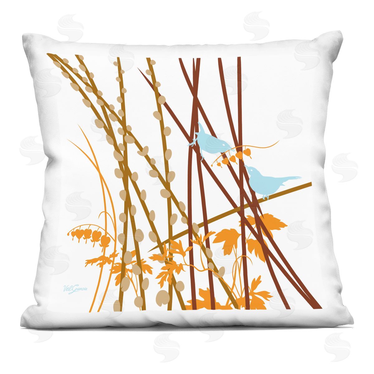 Contemporary Birds Pussy Willows Decorative Printed Pillow, Home Decor by Evelia Designs