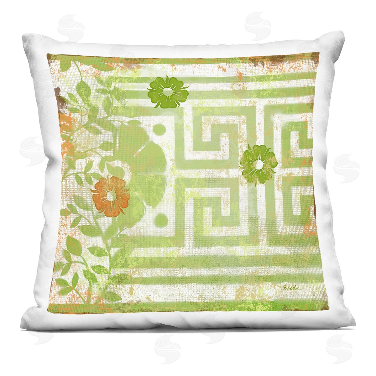 Floral Rustic Green Greek Key Decorative Printed Pillow, Home Decor by Evelia Designs