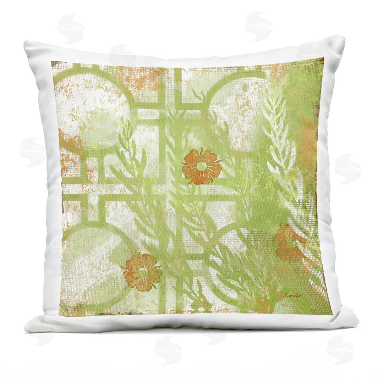 Green Botanical Geometric Shapes Outdoor Printed Pillow, Home Decor by Evelia Designs