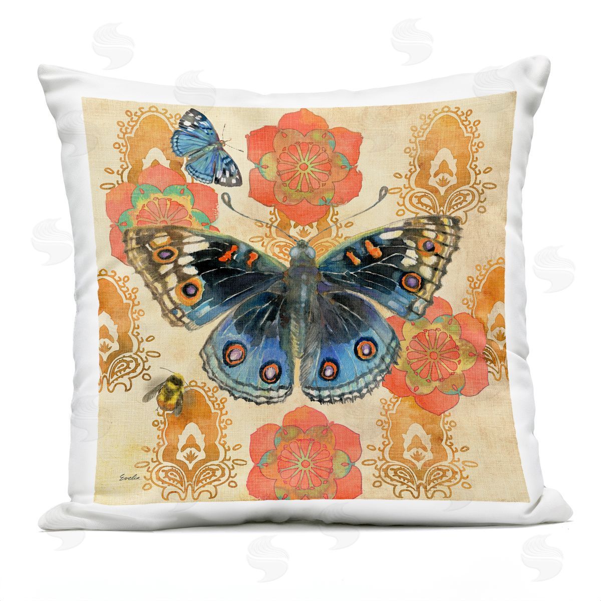 Orange Bohemian Butterfly Outdoor Printed Pillow, Home Decor by Evelia Designs