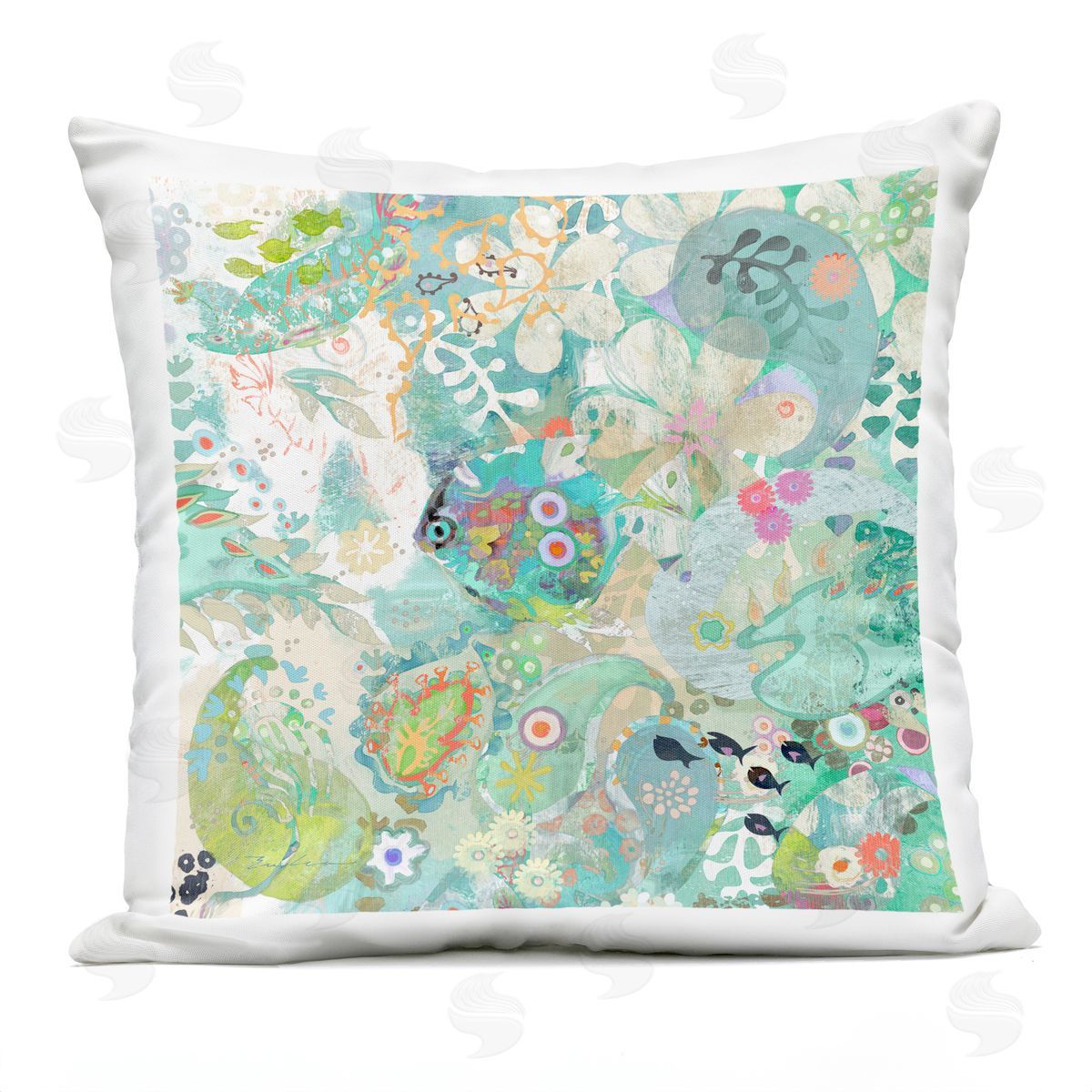 Sea Life Paisley Turquoise Collage Outdoor Printed Pillow, Home Decor by Evelia Designs