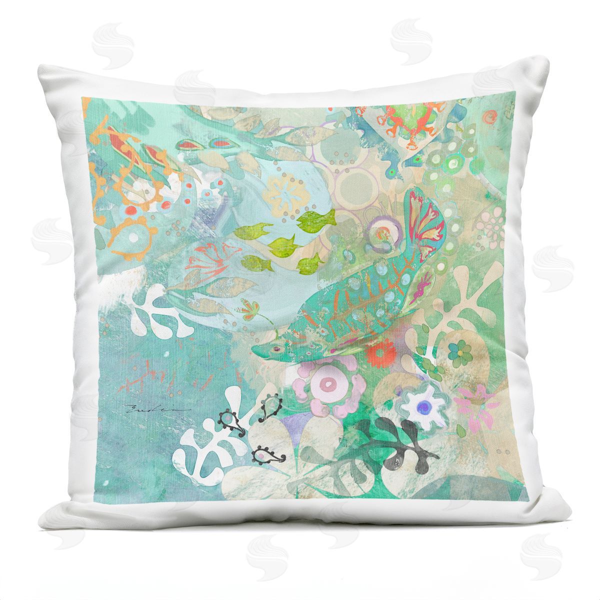 Coral & Fish Marine Life Floral Outdoor Printed Pillow, Home Decor by Evelia Designs
