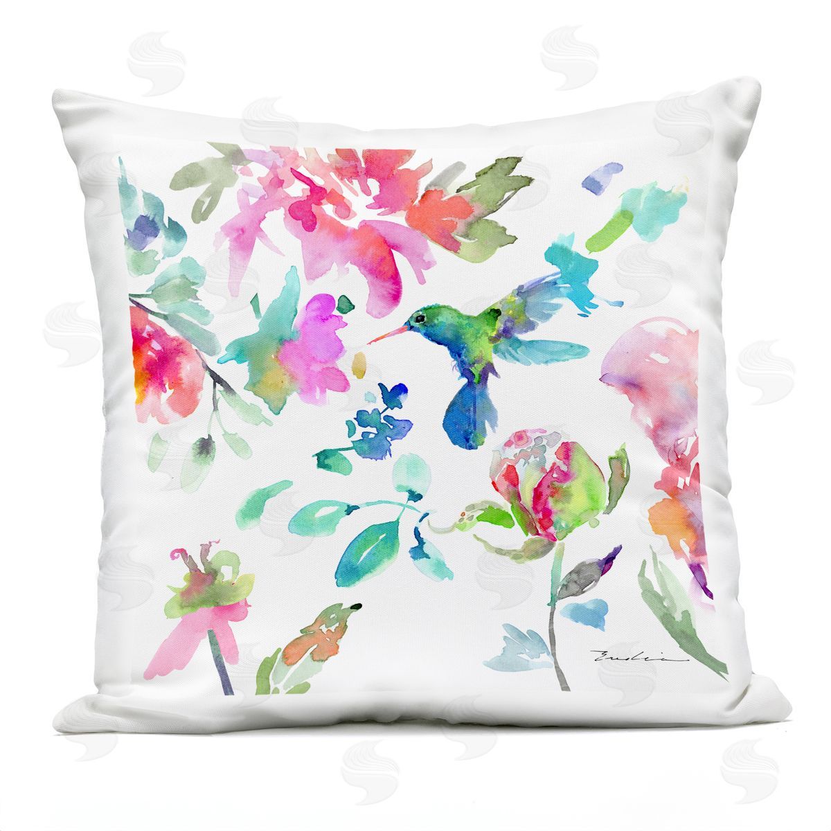 Fluttering Hummingbird Floral Composition Outdoor Printed Pillow, Home Decor by Evelia Designs