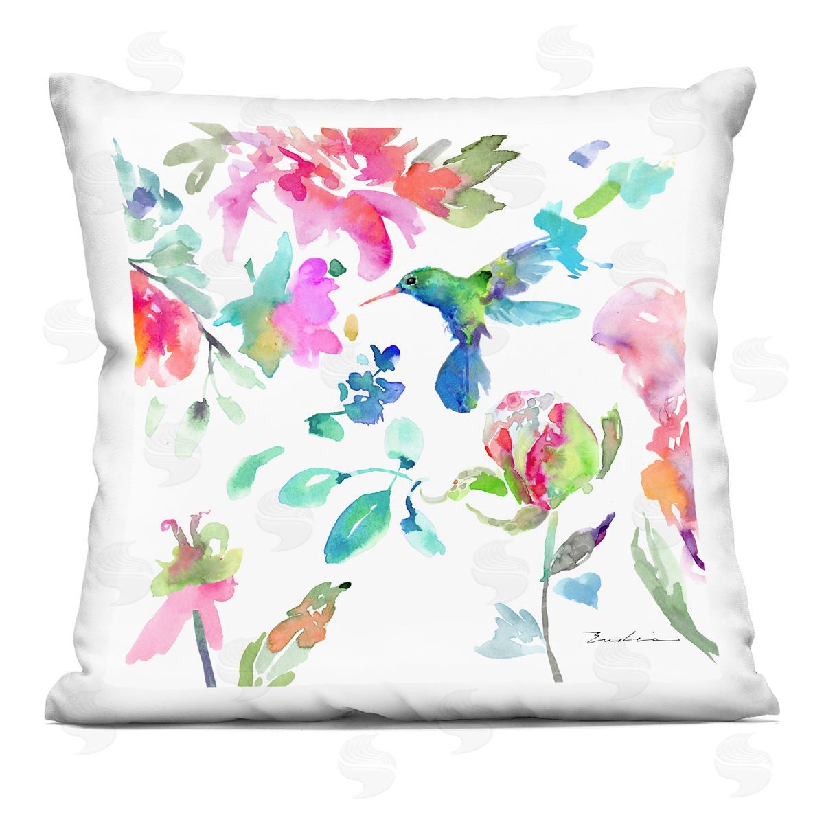 Fluttering Hummingbird Floral Composition Decorative Printed Pillow, Home Decor by Evelia Designs