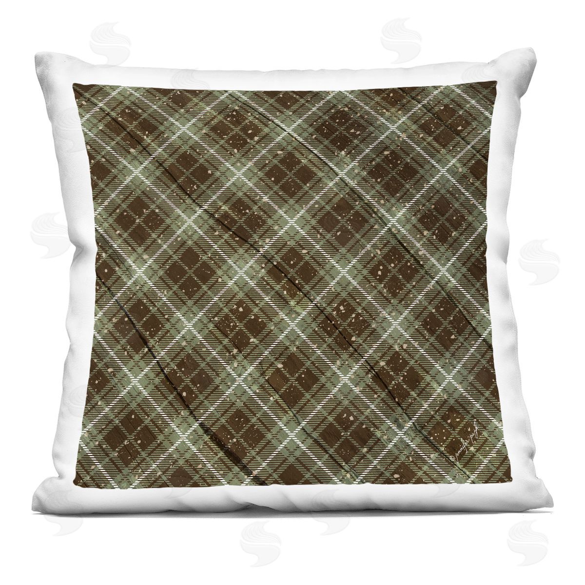 Warm Brown Green Plaid Pattern Decorative Printed Pillow, Home Decor by Jennifer Pugh