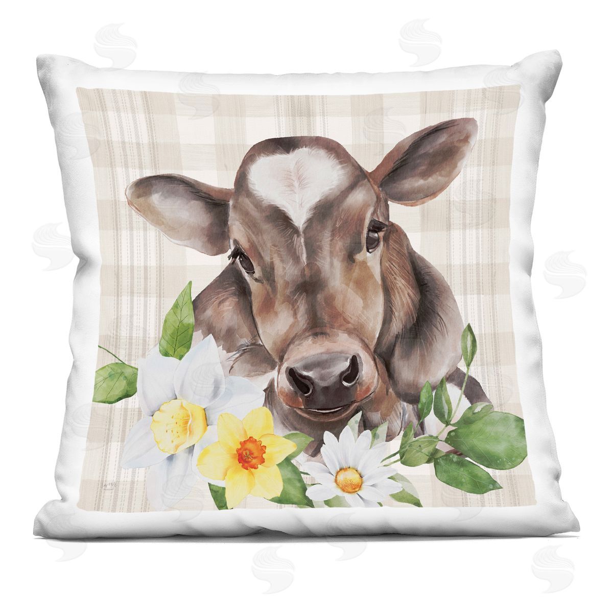 Tartan Calf Cow Daffodil Blooms Decorative Printed Pillow, Home Decor by Lux + Me Designs
