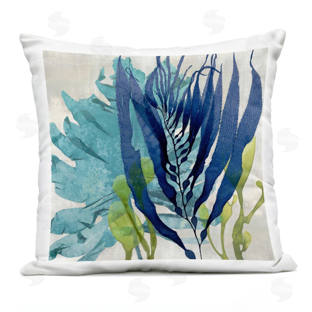 Blue Seaweed Plant Flowing Leaves Outdoor Printed Pillow, Home Decor by Melonie Miller