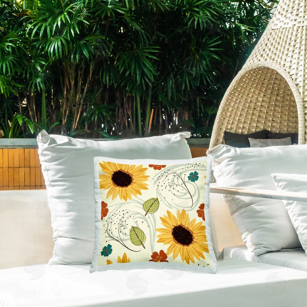 Nicole DeCamp Warm Sunflower Botanicals Pattern Outdoor Quick-Dry Polyester Printed Throw Pillow in Back Yard