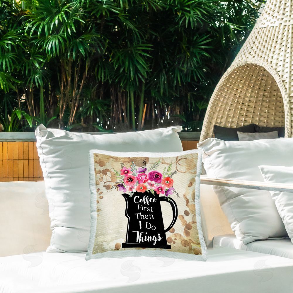 Nicole DeCamp Coffee First Then Do Things Floral Outdoor Quick-Dry Polyester Printed Throw Pillow in Back Yard