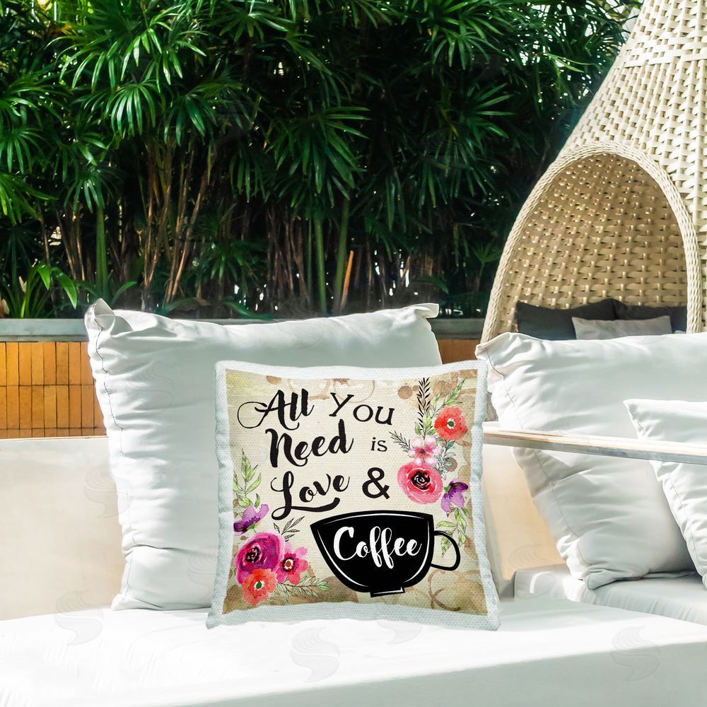Nicole DeCamp All You Need Love & Coffee Floral Outdoor Quick-Dry Polyester Printed Throw Pillow in Back Yard