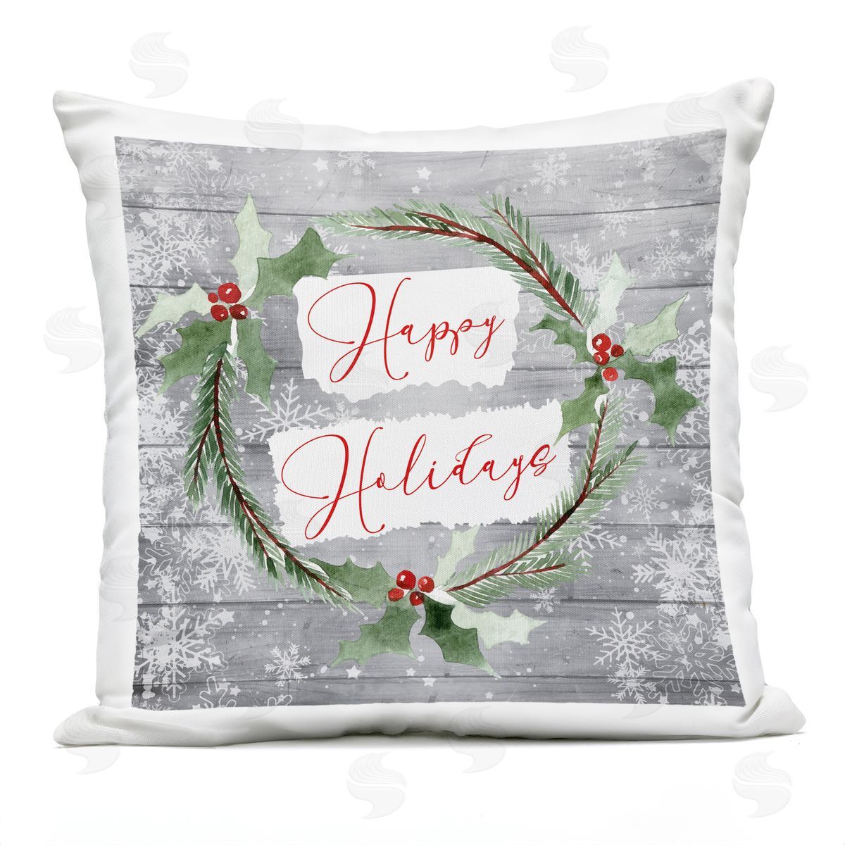 Nicole DeCamp Happy Holidays Winter Holly Wreath Outdoor Quick-Dry Polyester Printed Throw Pillow