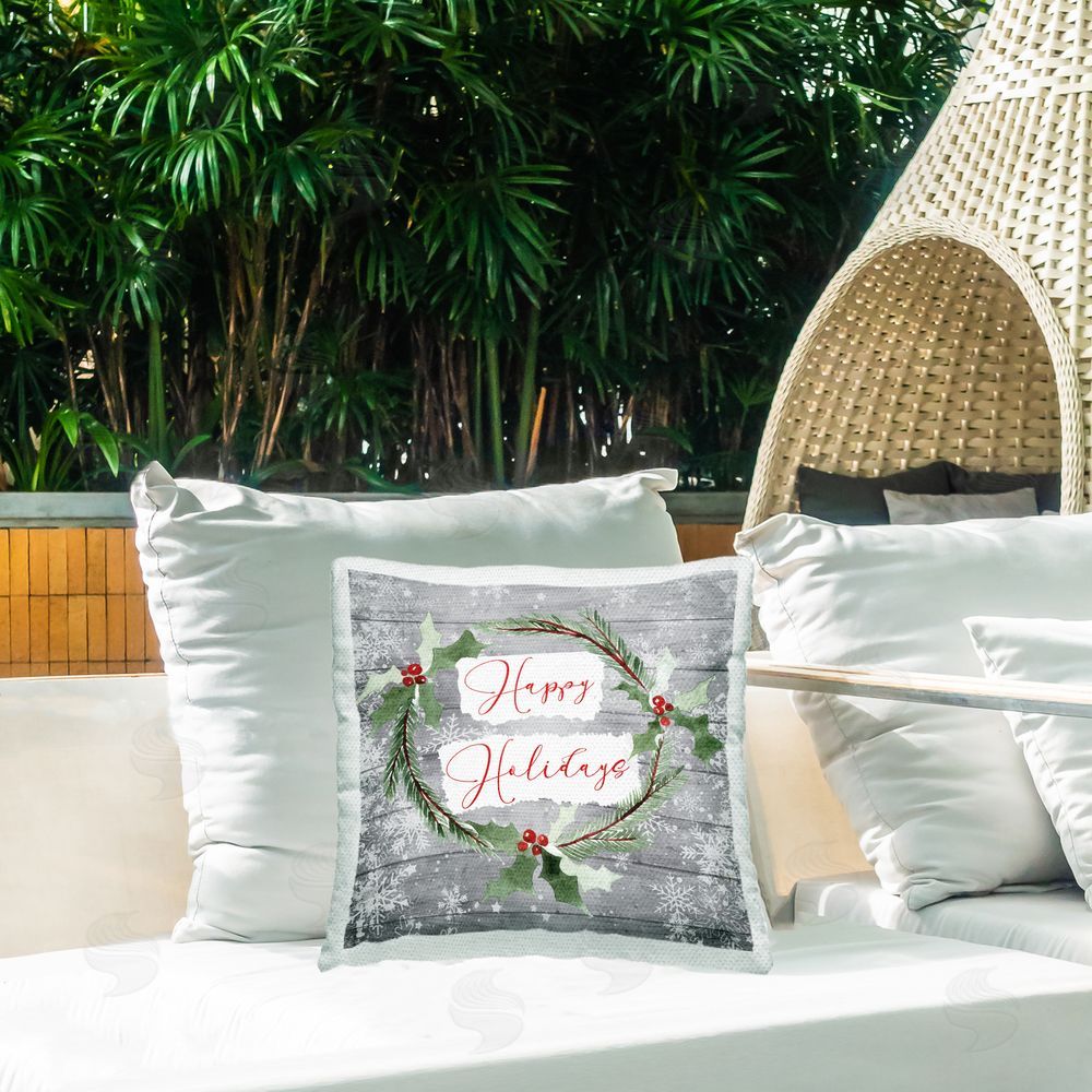 Nicole DeCamp Happy Holidays Winter Holly Wreath Outdoor Quick-Dry Polyester Printed Throw Pillow in Back Yard