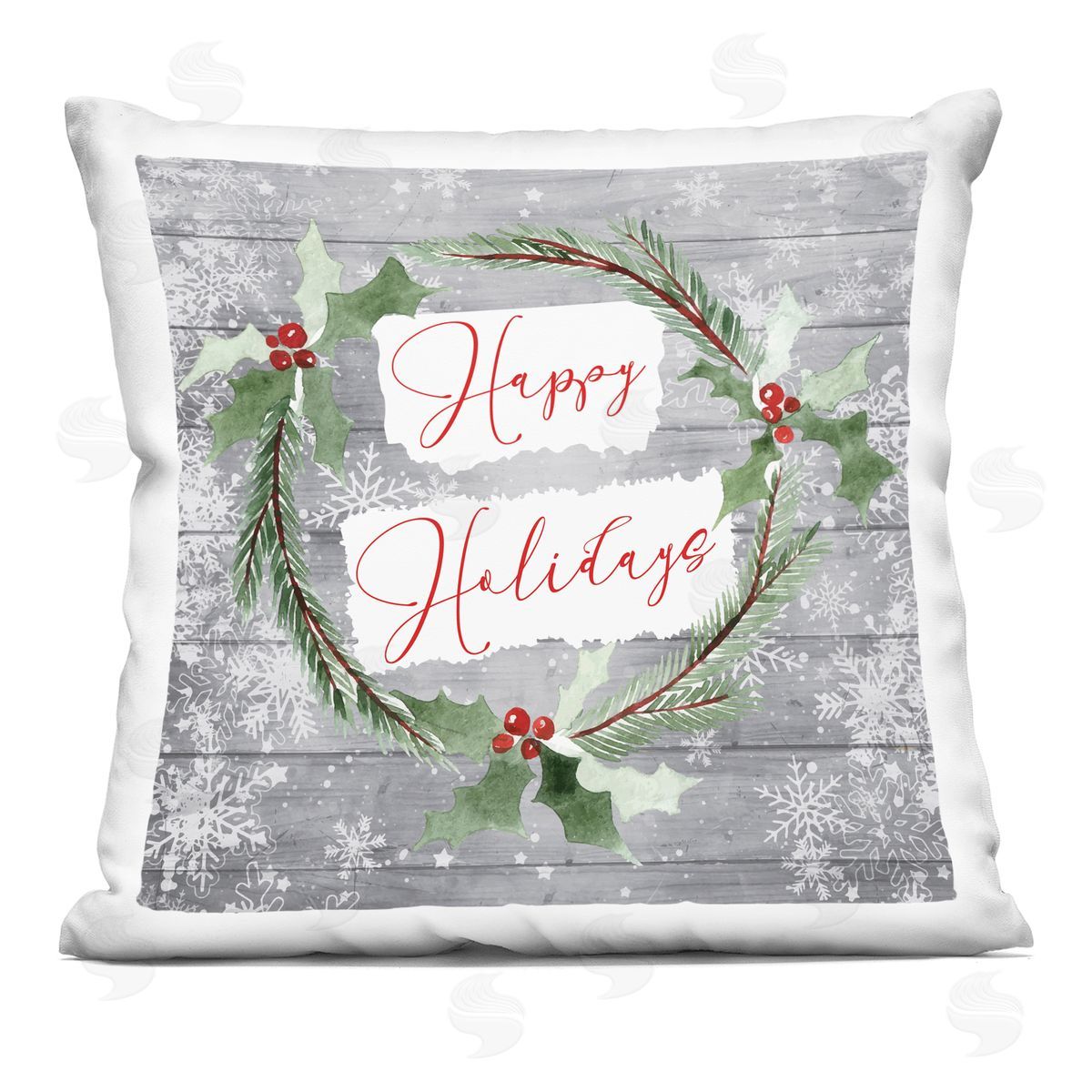 Nicole DeCamp Happy Holidays Winter Holly Wreath Printed Plush Polyester Throw Pillow