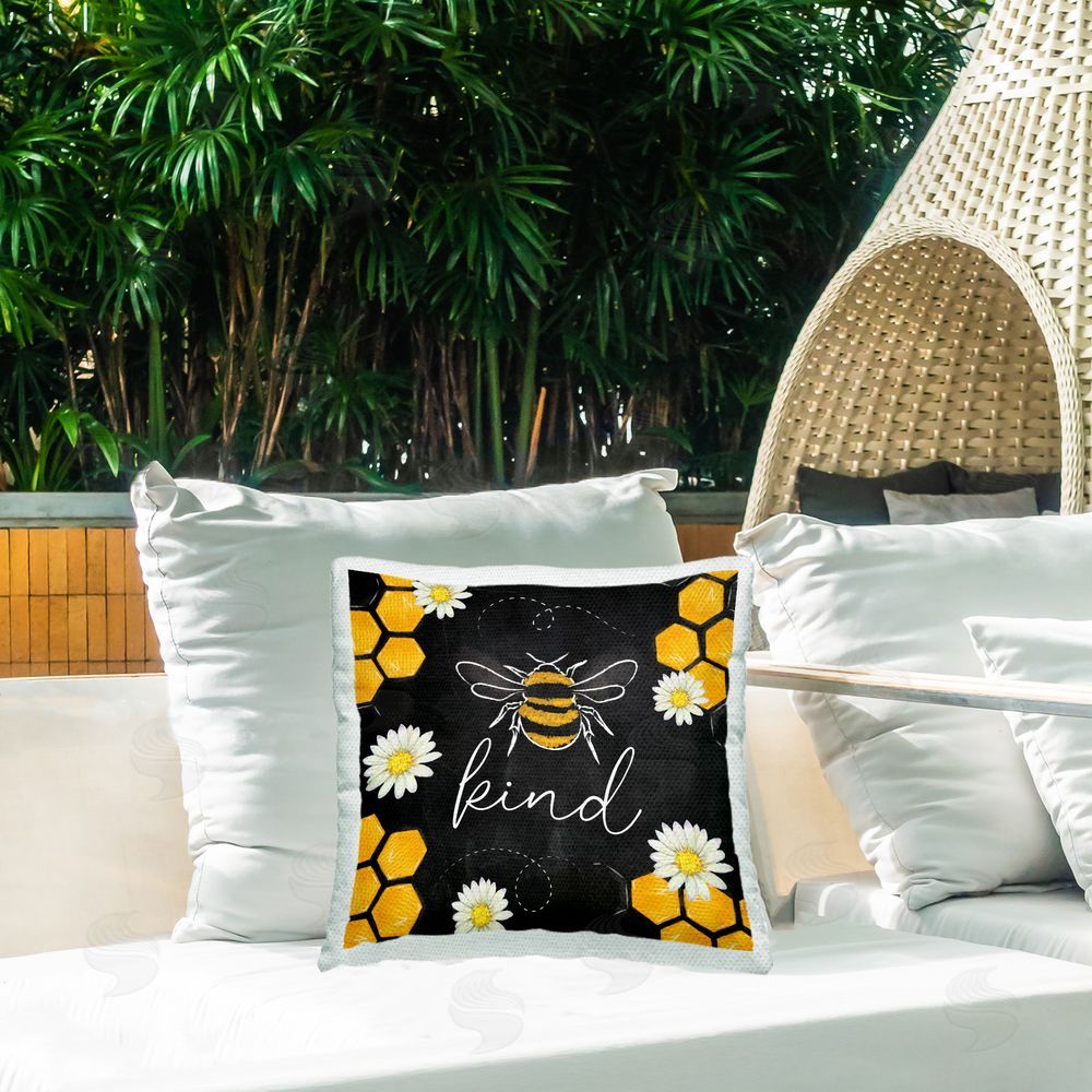 Nicole DeCamp Bee Kind Honeycomb Daisies Outdoor Quick-Dry Polyester Printed Throw Pillow in Back Yard