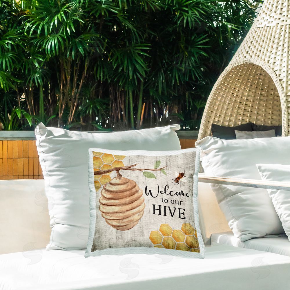 Nicole DeCamp Welcome To Our Hive Honeycomb Shapes Outdoor Quick-Dry Polyester Printed Throw Pillow in Back Yard