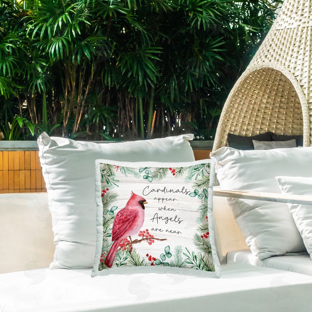 Nicole DeCamp Cardinals Appear When Angels Near Phrase Outdoor Quick-Dry Polyester Printed Throw Pillow in Back Yard
