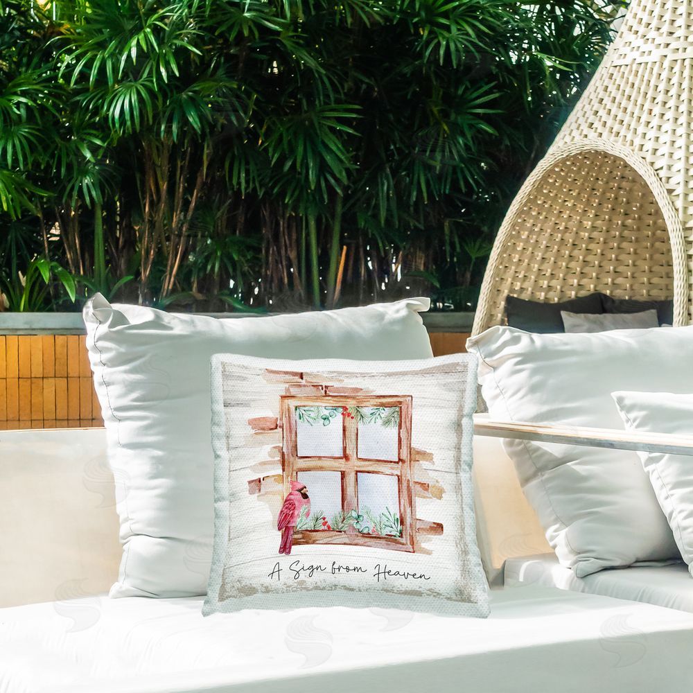 Nicole DeCamp Sign From Heaven Cardinal Windowsill Outdoor Quick-Dry Polyester Printed Throw Pillow in Back Yard