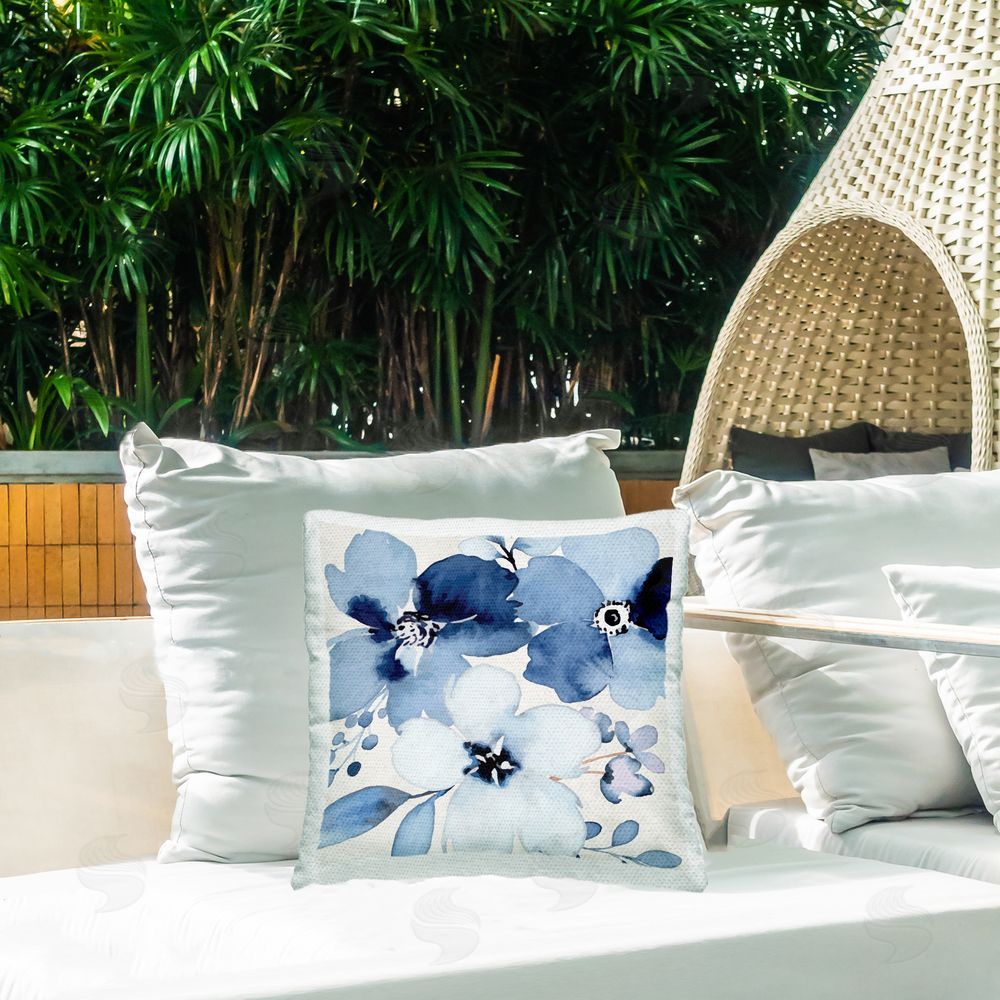 Nicole DeCamp Modern Blue Flower Blossoms Outdoor Quick-Dry Polyester Printed Throw Pillow in Back Yard