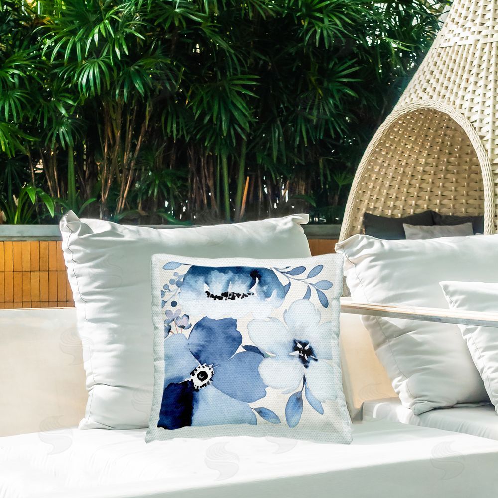 Nicole DeCamp Budding Blue Flowers Leaves Outdoor Quick-Dry Polyester Printed Throw Pillow in Back Yard