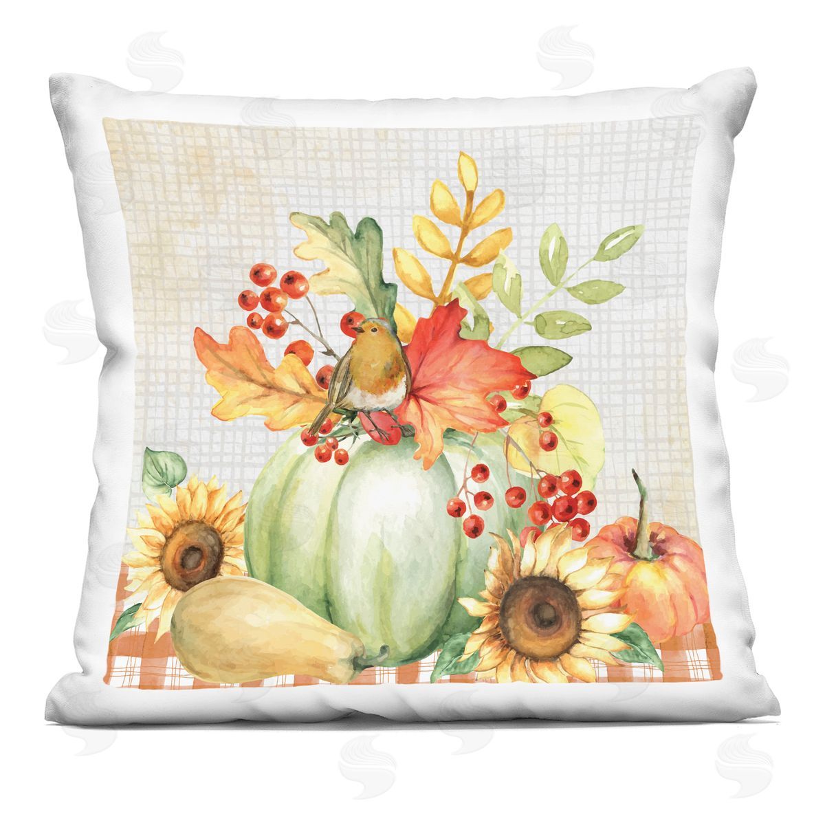 Nicole DeCamp Autumnal Gourds Bird Perched Printed Plush Polyester Throw Pillow