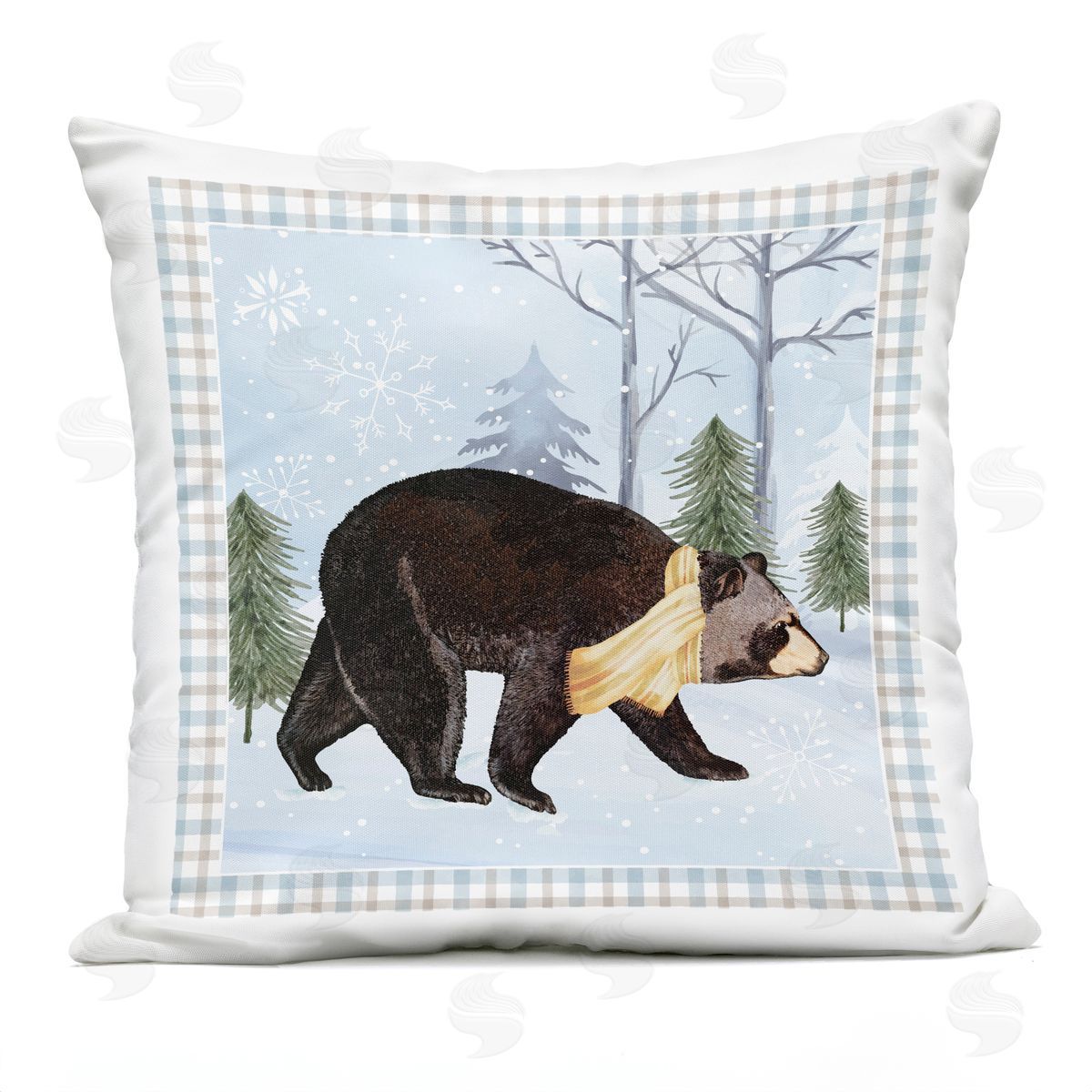Nicole DeCamp Snowy Bear Blue Tartan Border Outdoor Quick-Dry Polyester Printed Throw Pillow