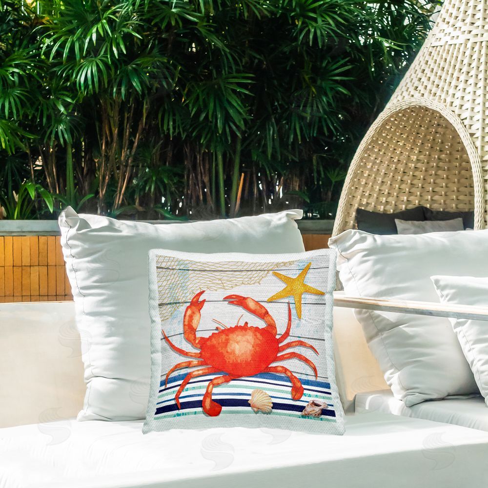 Nicole DeCamp Sea Life Crab Starfish Striped Outdoor Quick-Dry Polyester Printed Throw Pillow in Back Yard