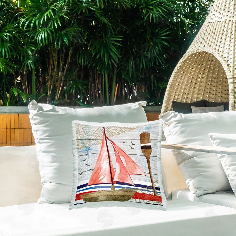 Nicole DeCamp Nautical Sailboat Oars Pattern Outdoor Quick-Dry Polyester Printed Throw Pillow in Back Yard