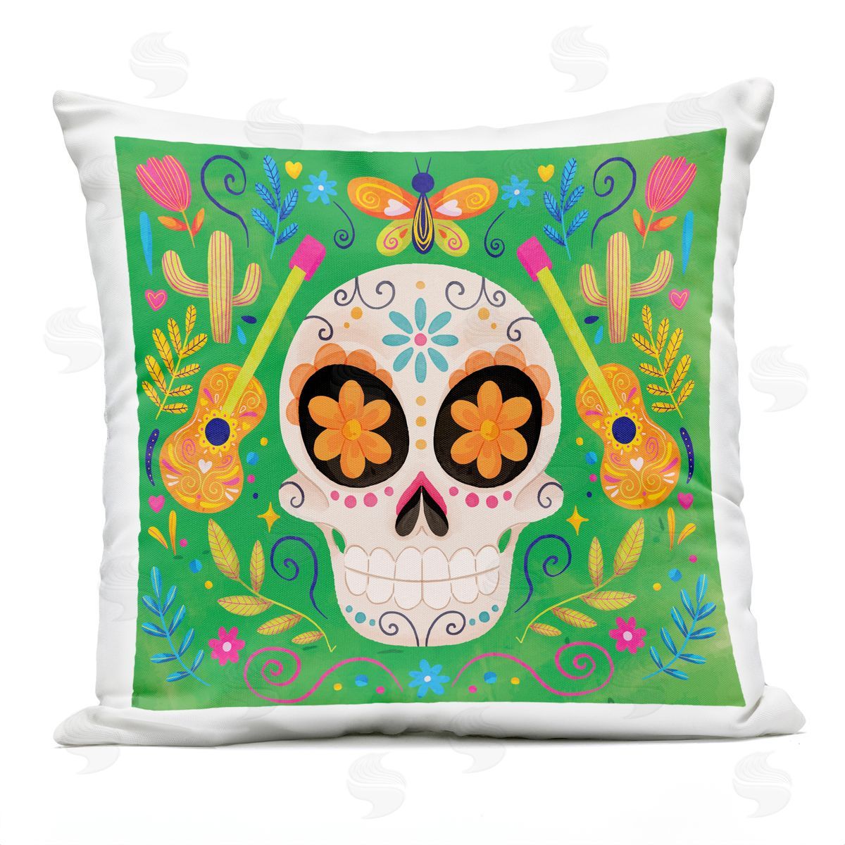 Nicole DeCamp Green Day Of Dead Patterned Skull Outdoor Quick-Dry Polyester Printed Throw Pillow