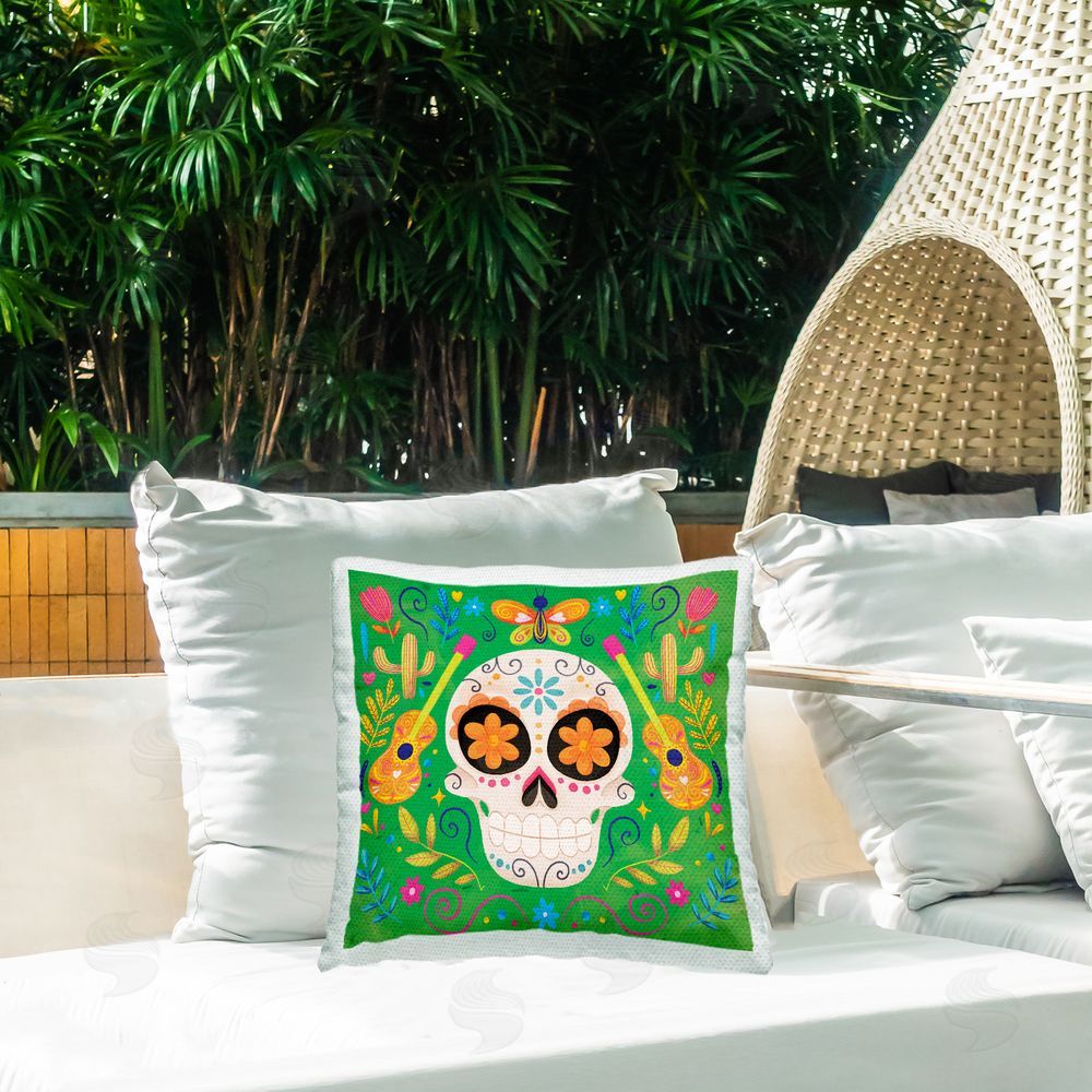 Nicole DeCamp Green Day Of Dead Patterned Skull Outdoor Quick-Dry Polyester Printed Throw Pillow in Back Yard