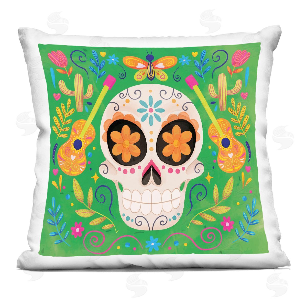 Nicole DeCamp Green Day Of Dead Patterned Skull Printed Plush Polyester Throw Pillow