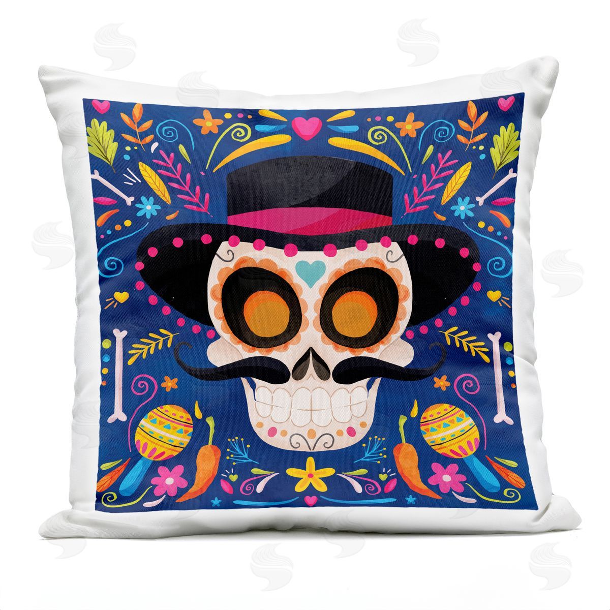 Nicole DeCamp Blue Day Of Dead Maracas Pattern Outdoor Quick-Dry Polyester Printed Throw Pillow