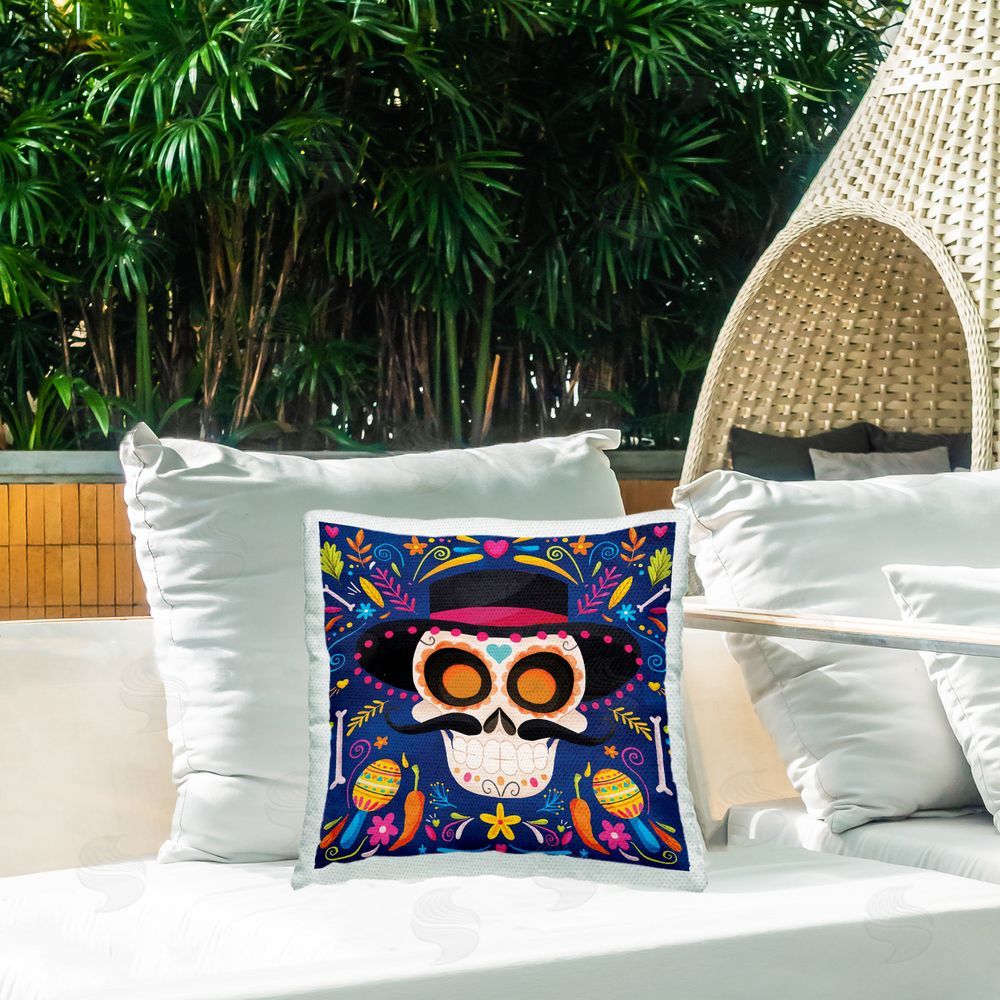 Nicole DeCamp Blue Day Of Dead Maracas Pattern Outdoor Quick-Dry Polyester Printed Throw Pillow in Back Yard