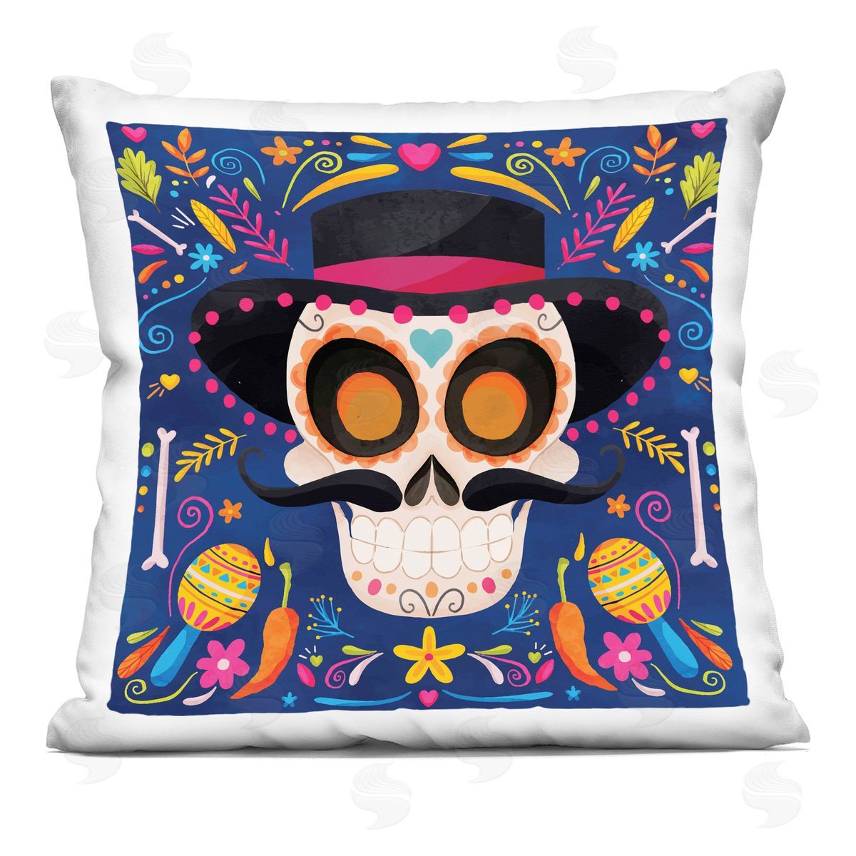 Nicole DeCamp Blue Day Of Dead Maracas Pattern Printed Plush Polyester Throw Pillow