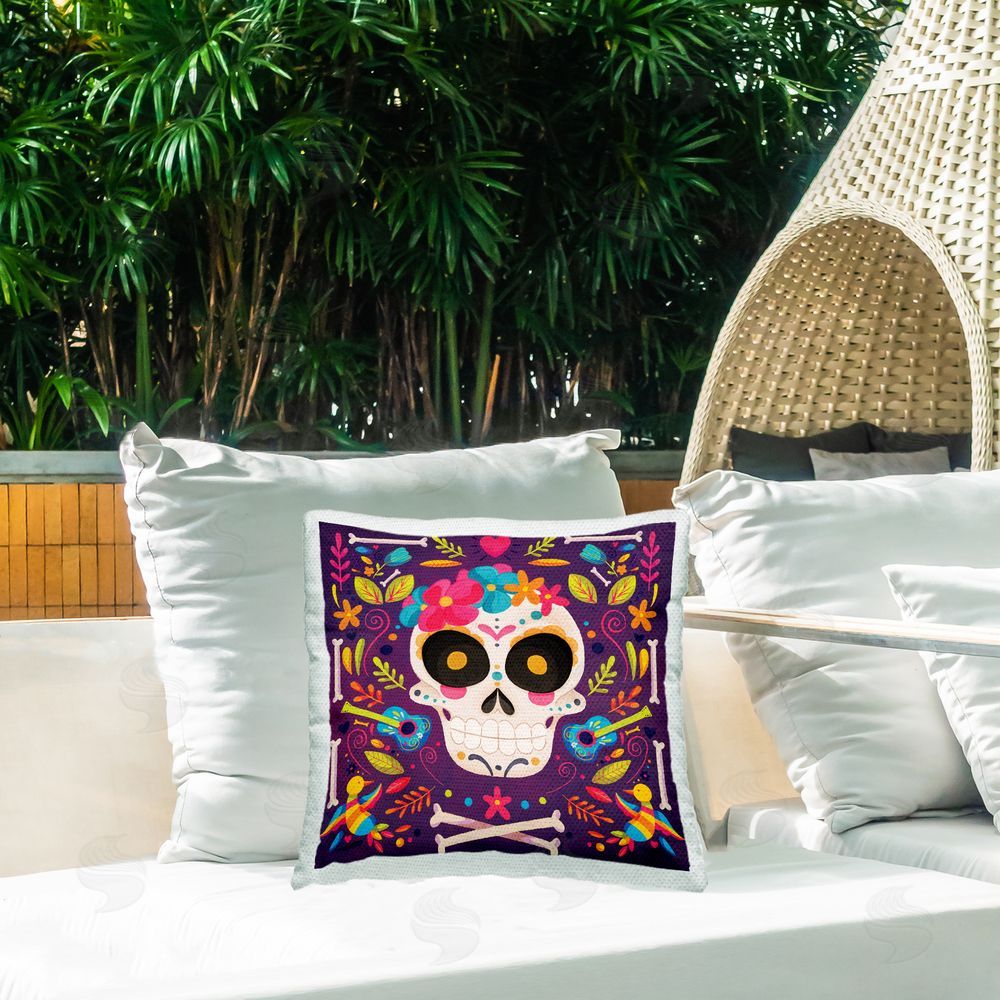 Nicole DeCamp Floral Day Of Dead Botanicals Outdoor Quick-Dry Polyester Printed Throw Pillow in Back Yard