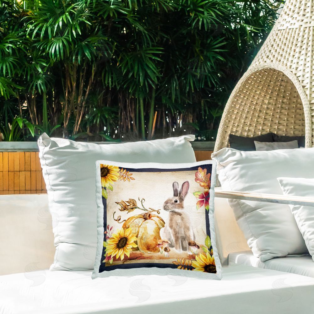 Nicole DeCamp Fall Rabbit Botanical Pumpkin Outdoor Quick-Dry Polyester Printed Throw Pillow in Back Yard