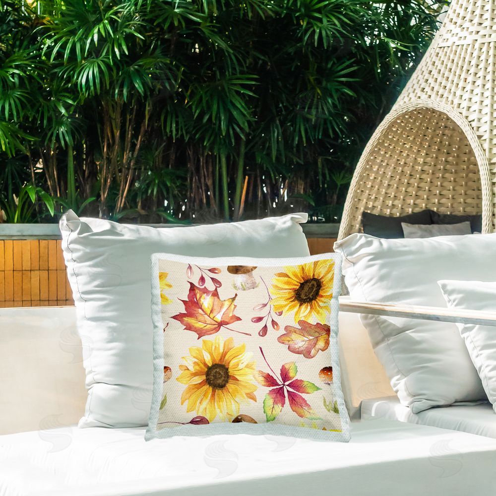 Nicole DeCamp Fall Mushroom Sunflowers Pattern Outdoor Quick-Dry Polyester Printed Throw Pillow in Back Yard