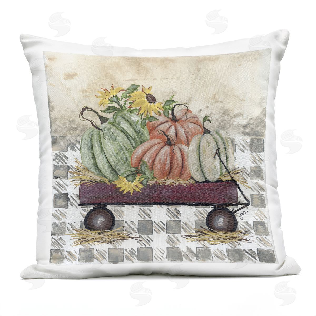 Autumn Wagon Floral Pumpkins Outdoor Printed Pillow, Home Decor by Julie Norkus