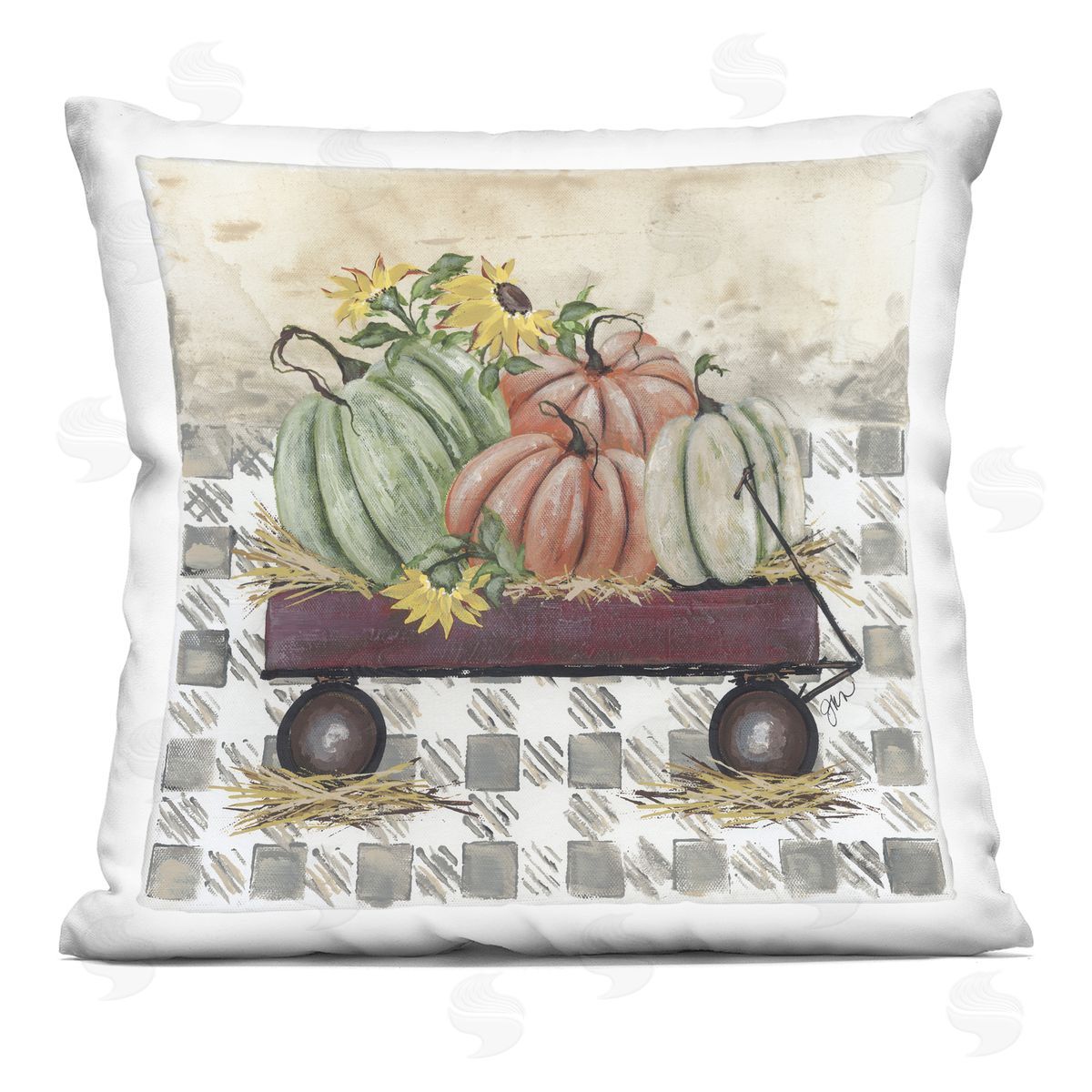 Autumn Wagon Floral Pumpkins Decorative Printed Pillow, Home Decor by Julie Norkus
