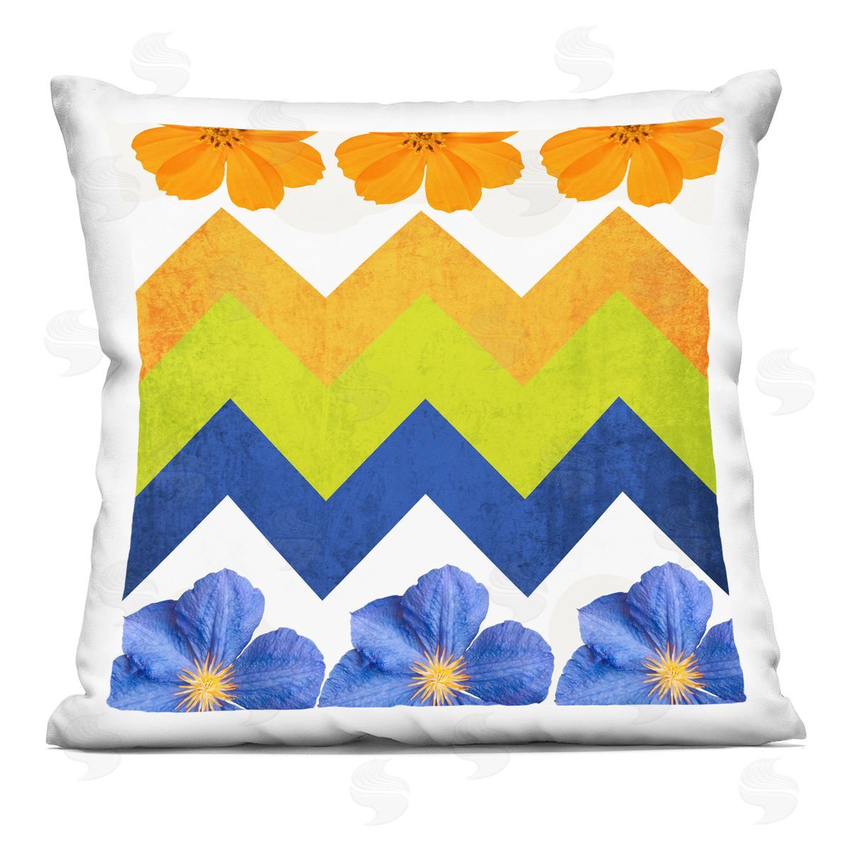 Orange Blue Zig Zag Blossoms Decorative Printed Pillow, Home Decor by Irena Orlov